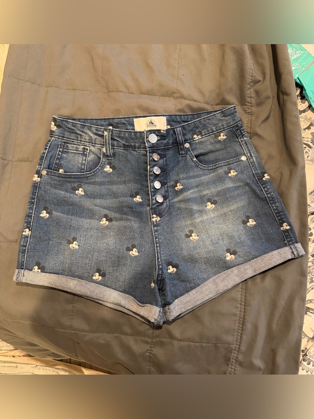 Disney Parks Denim Mickey Print High-Rise Button Fly Jean Shorts